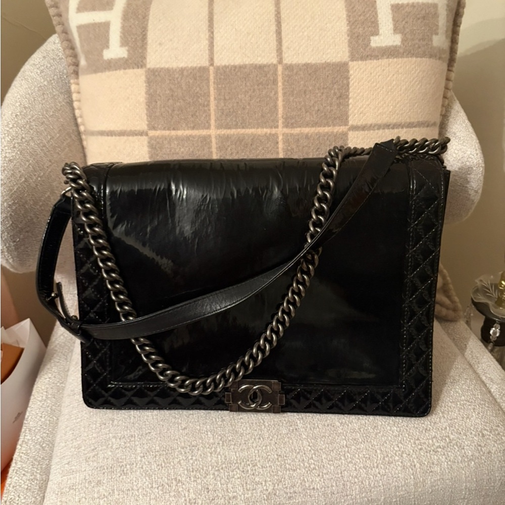 CHANEL Black Quilted Patent Leather Tote
